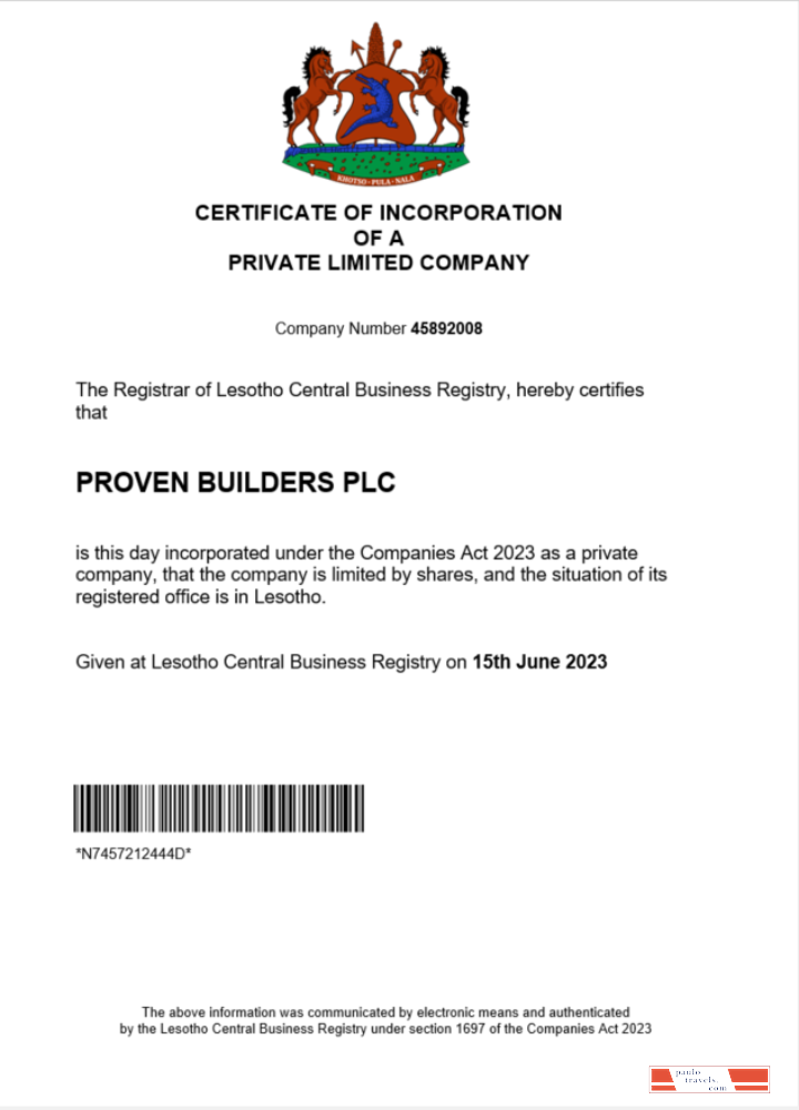 Lesotho company registration certificate Word and PDF template